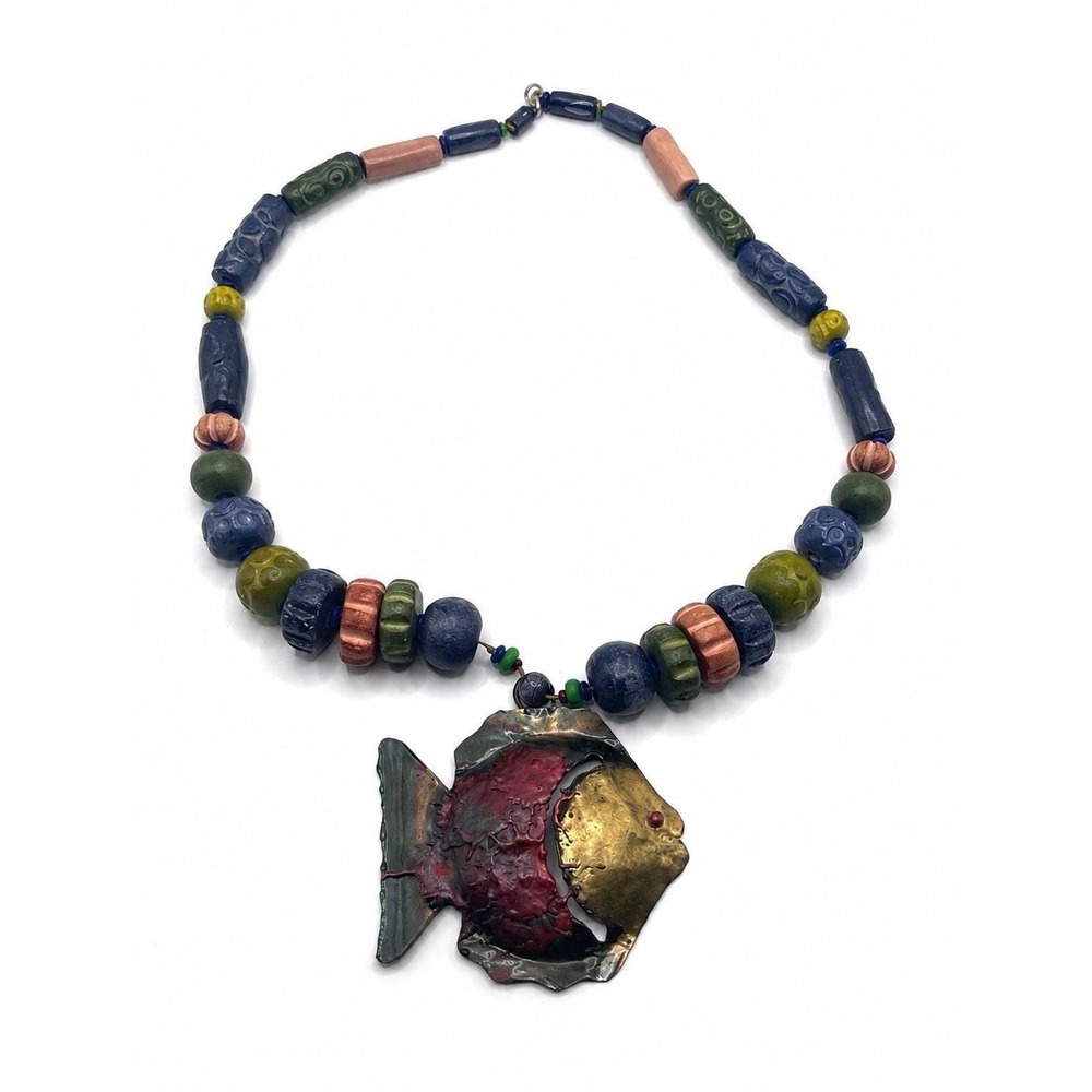 Artisan Metal Fish Pendant Ceramic Bead Necklace Colorful  Signed Jewelry
